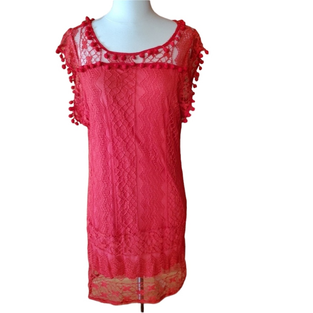 Vintage Unlabeled Red, Knit Lace Dress